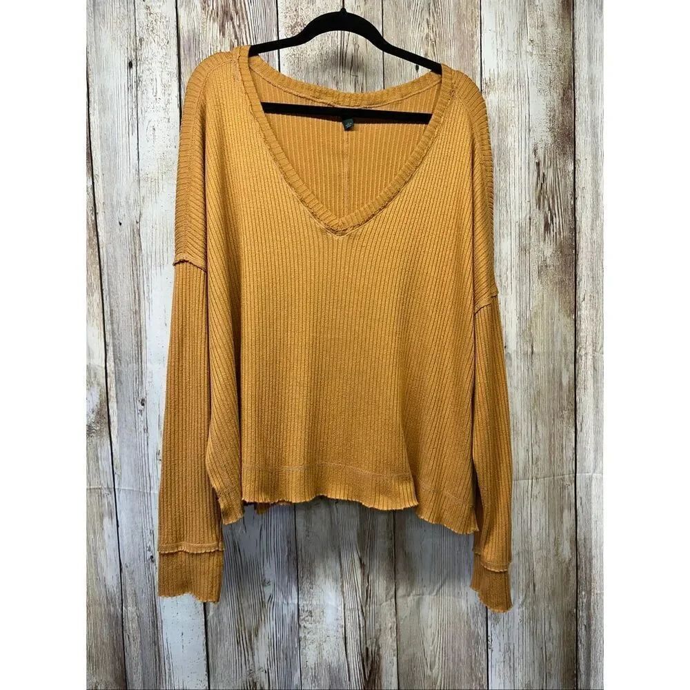 Wild Fable Mustard Yellow Brown Long Sleeve Thermal Tunic V Neck Ribbed Shirt